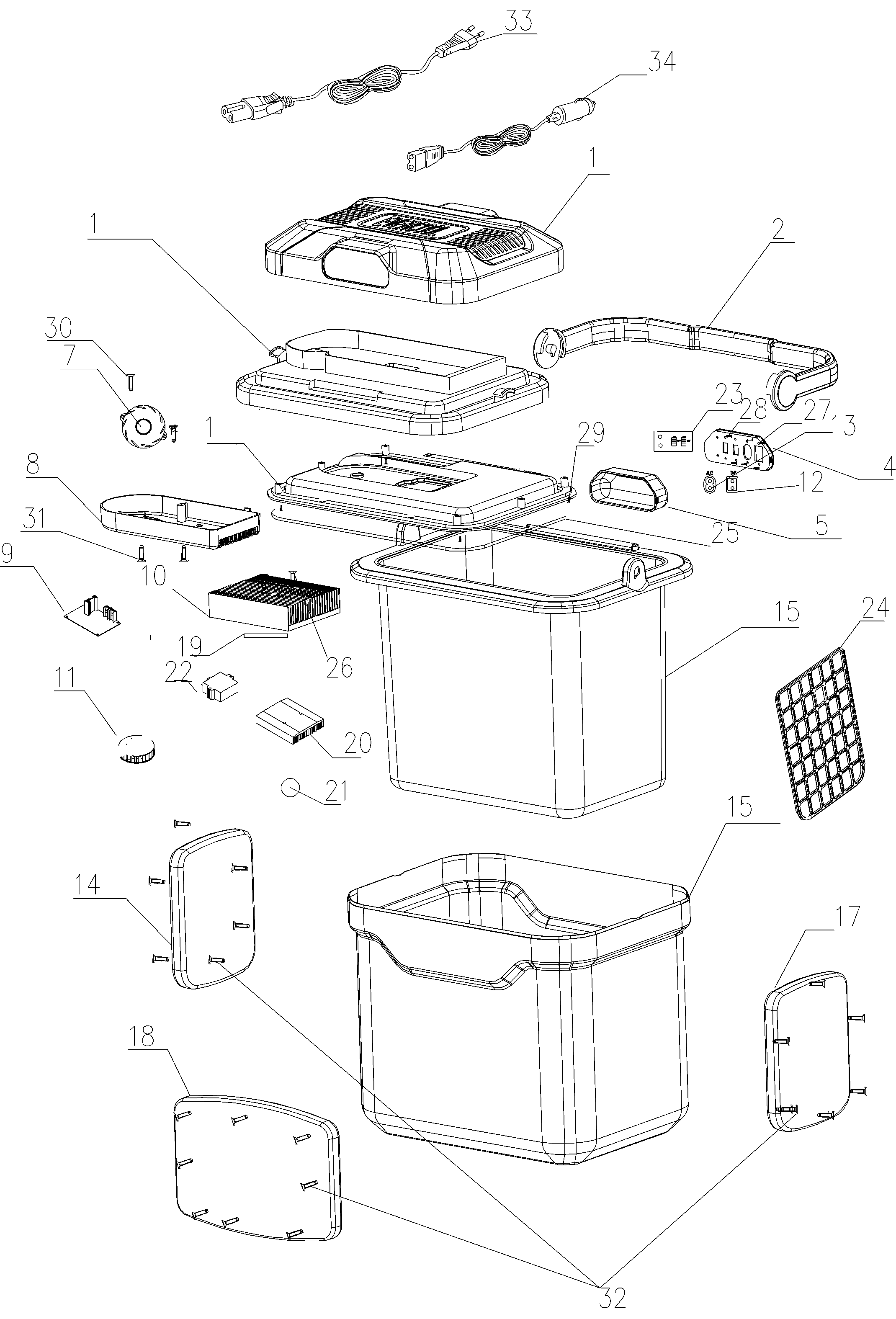 Default Diagram and Parts List for BDC24L-LA Type 1 Black and Decker Cooler